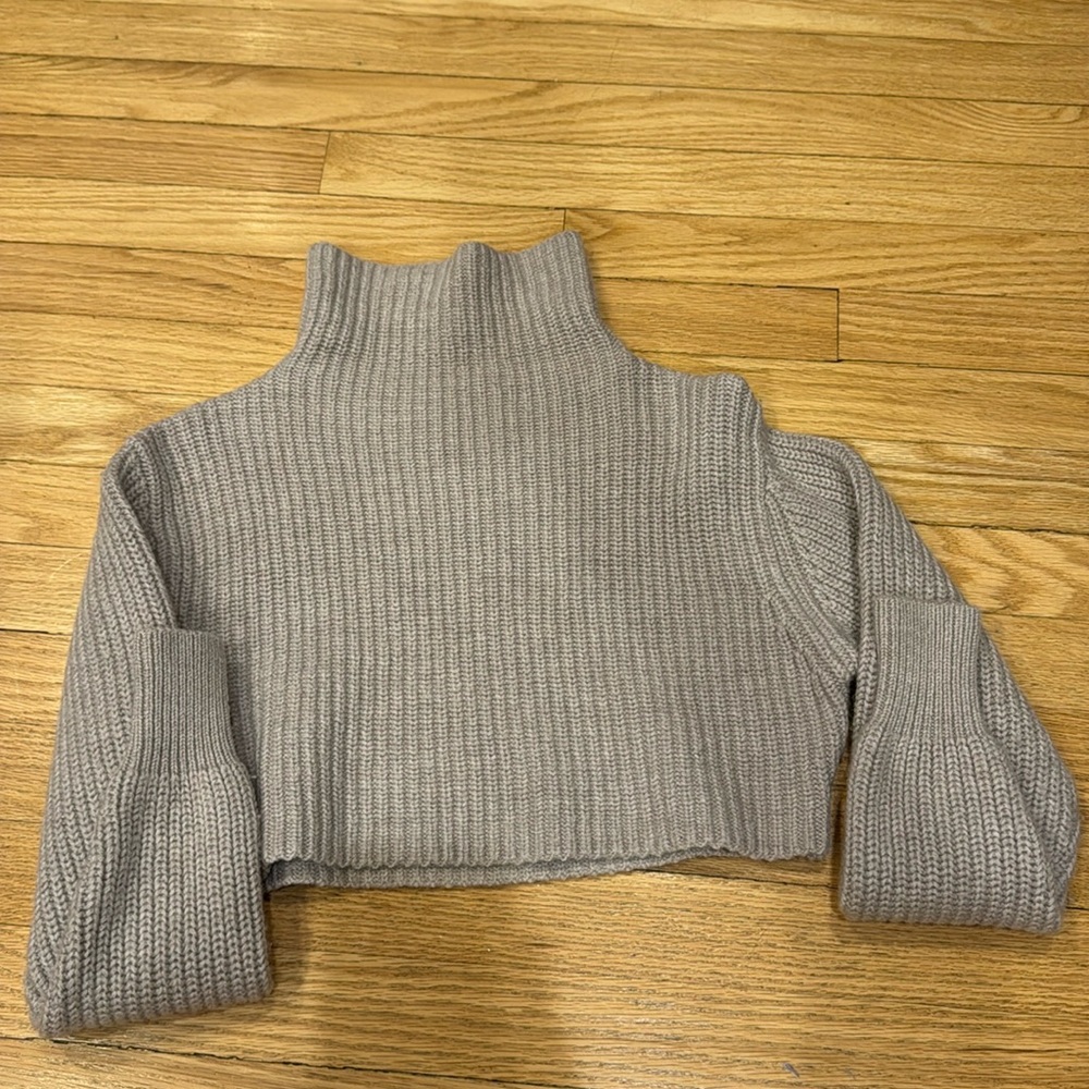 Light pink cropped, turtle neck Aritzia sweater.